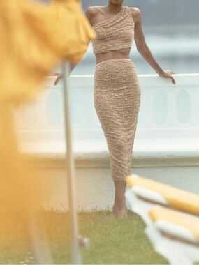 Zara Tan Mesh Laci Skirt with Rhinestone Embellishment
